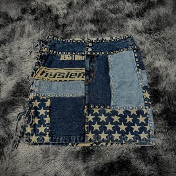Hysteric Glamour 스터드 & 레이스업 패치워크 데님 스커트