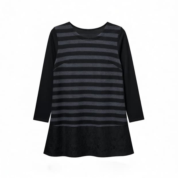 JPN VINTAGE 울 긴팔 티셔츠 스트라이프 밑단 레이스 디테일 블랙