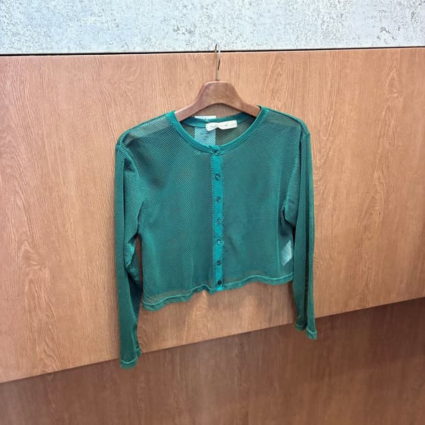 빈티지 크롭 가디건 시스루 메쉬 라운드넥 디테일 그린 k515