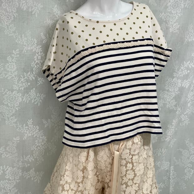 빈티지 어스 뮤직 레이스 도트 스트라이프 반팔 1110 모리걸 y2k 스