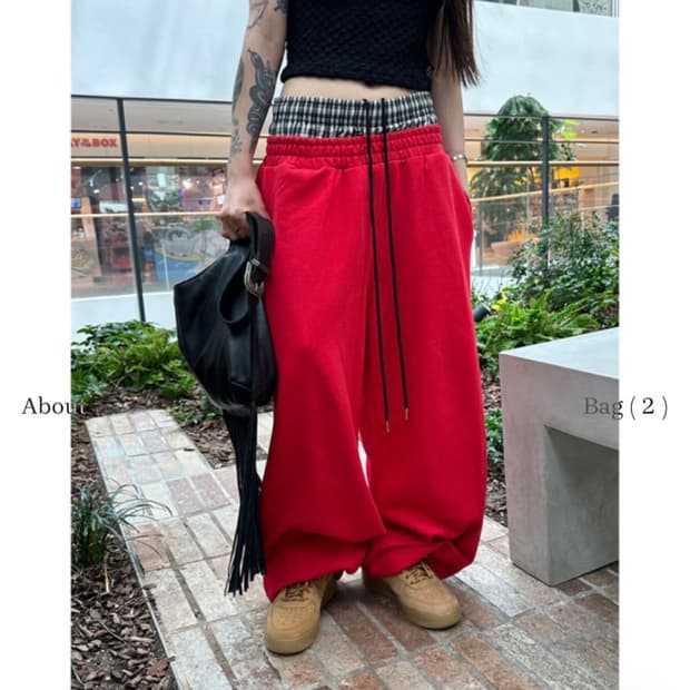 미스테리어스호텔 체크 레이어드 팬츠 레드