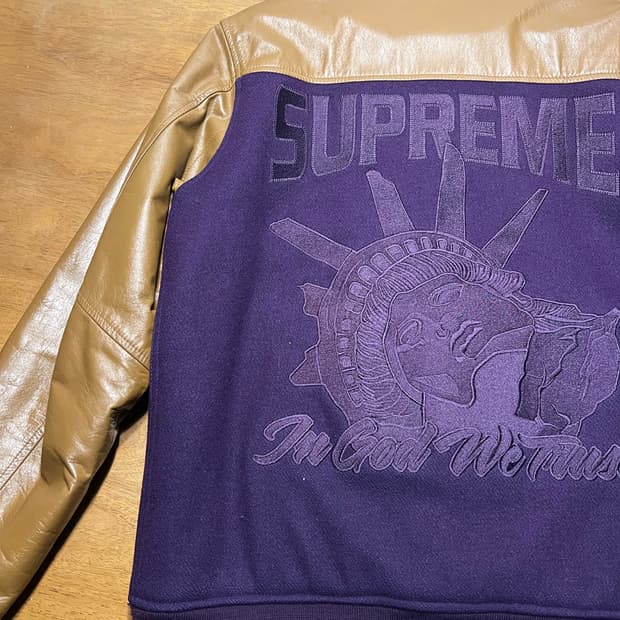 슈프림 자유의여신상 레더 바시티 자켓