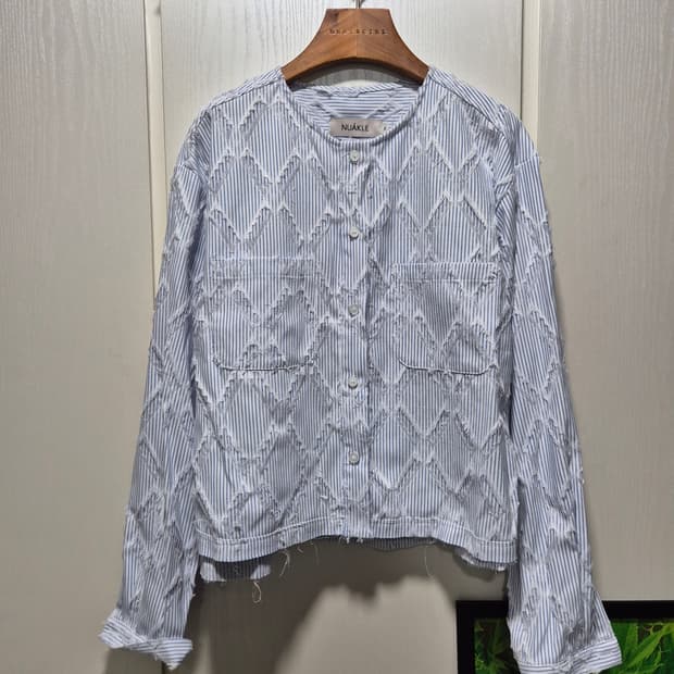 빈티지 봄여름 하늘색 스트라이프 프린지 숏 자켓