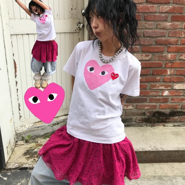 꼼데가르송 더블하트 핑크&레드 반팔 티셔츠