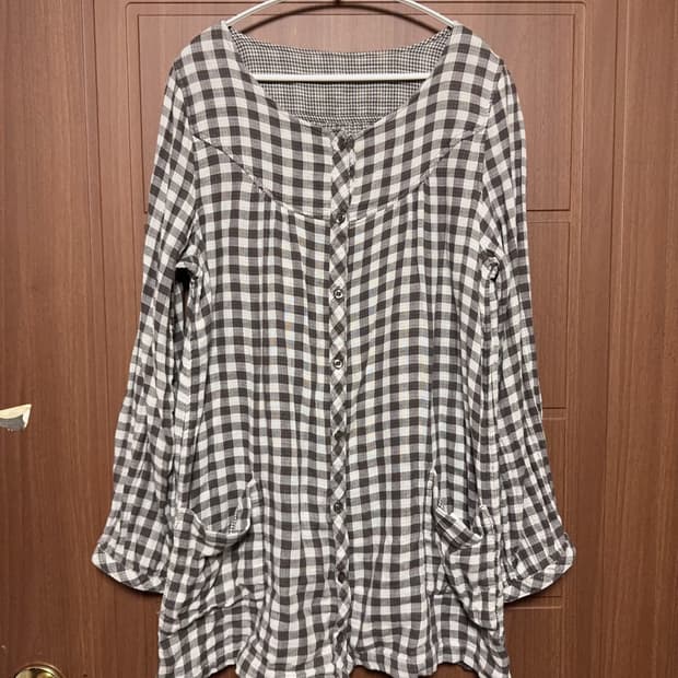 일본 빈티지 모리걸 하구미 깅엄체크 리버시블 포켓 원피스