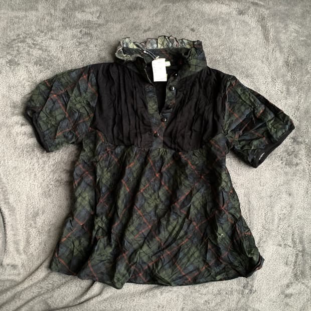 JPN Vintage 모리걸 그린 벨벳 체크 블라우스