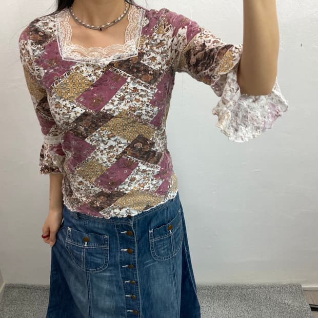 플라워 패치워크 레이스 7부티셔츠