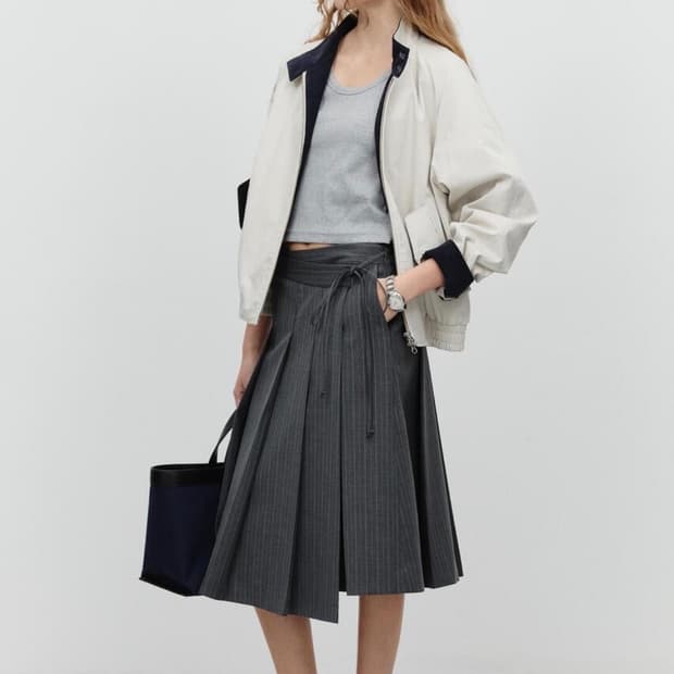 던스트 리본 와이드 플리츠 스커트 스트라이프