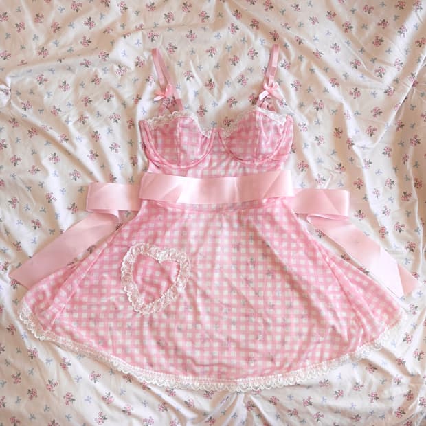 핑크 깅엄체크 란제리 에이프런 슬립 + 티팬티 set 리본 갸루 레이스