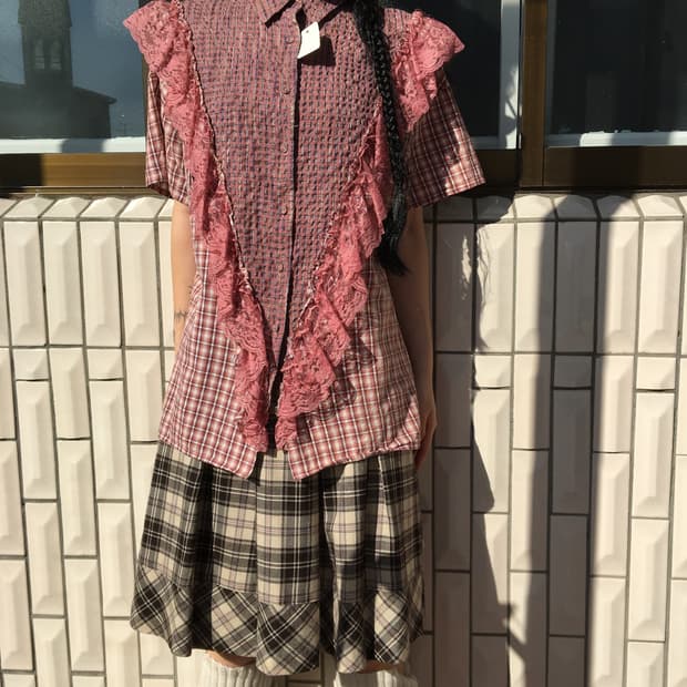 Lace trimming checks pattern shirt