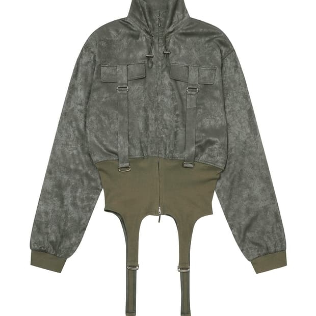 Yeel GLOSSY BELT HIGH NECK ZIP-UP KHAKI