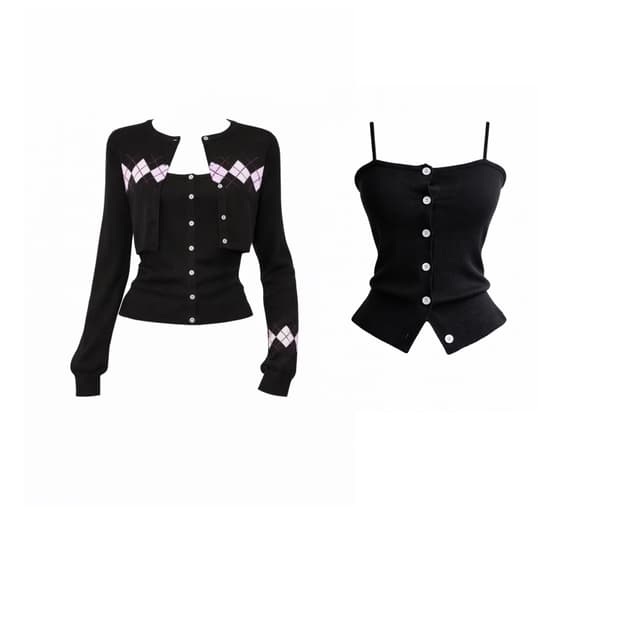 아가일 크롭 니트 가디건 투피스세트 (블랙)