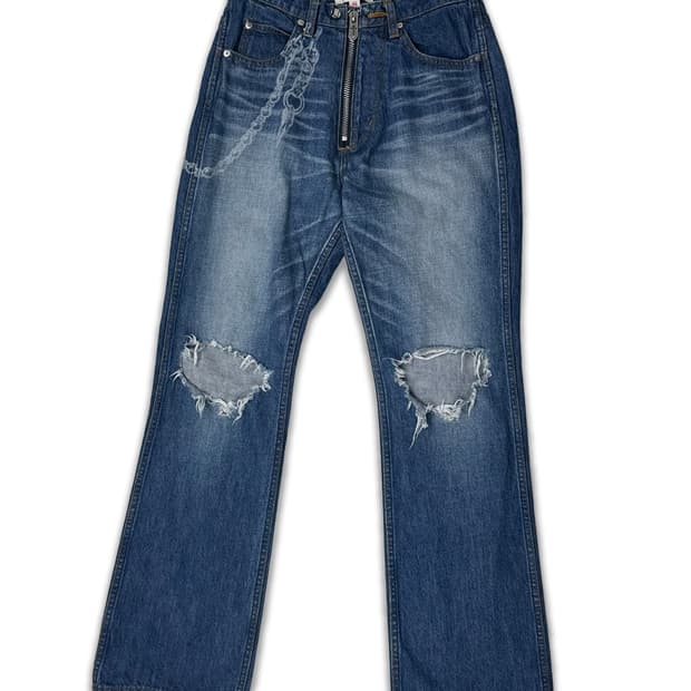 마수 데미지 플레어 데님 팬츠