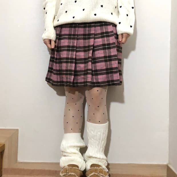 빈티지 핑크 브라운 체크 패턴 스커트