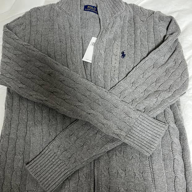 폴로 케이블 니트 코튼 풀 지퍼 스웨터 가디건 그레이 L