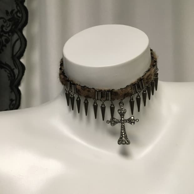 Vintage 핀터레스트 레오파드 호피 퍼 십자가 목걸이 초커 다크실버