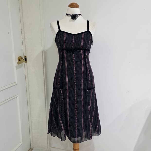일본빈티지)블랙x핑크 레이스리본 도트 오네갸루 y2k슬리브리스롱원피스