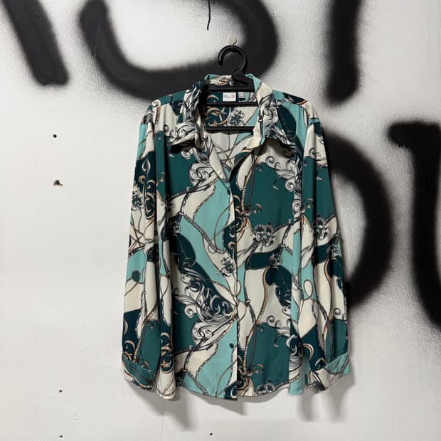 VTG 빈티지 에스닉 바로크 풀 패턴 오픈 카라 폴리 긴팔 셔츠