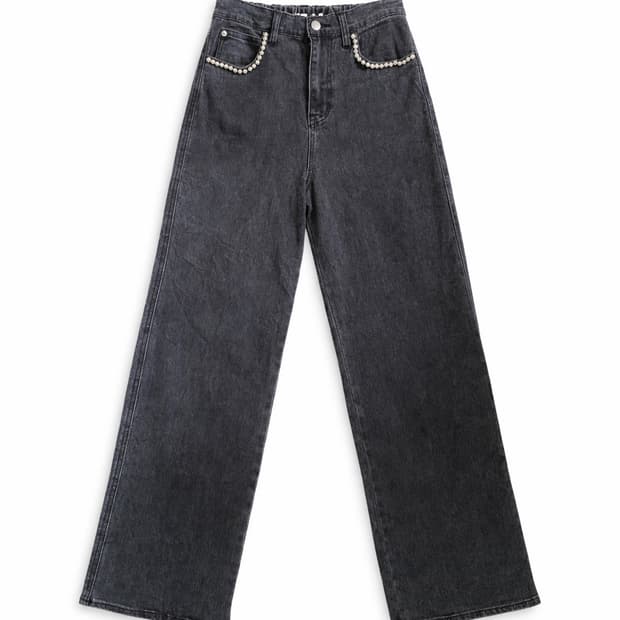 빈티지 그레이 진주 디테일 와이드 데님 팬츠