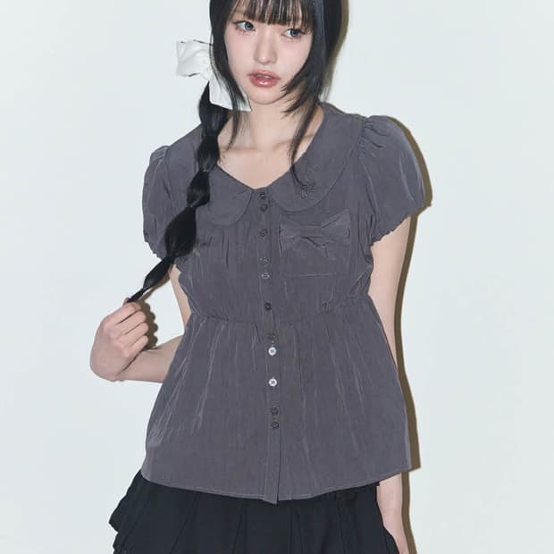 당일배송) 일리고 포밍 리본 퍼프 블라우스 차콜
