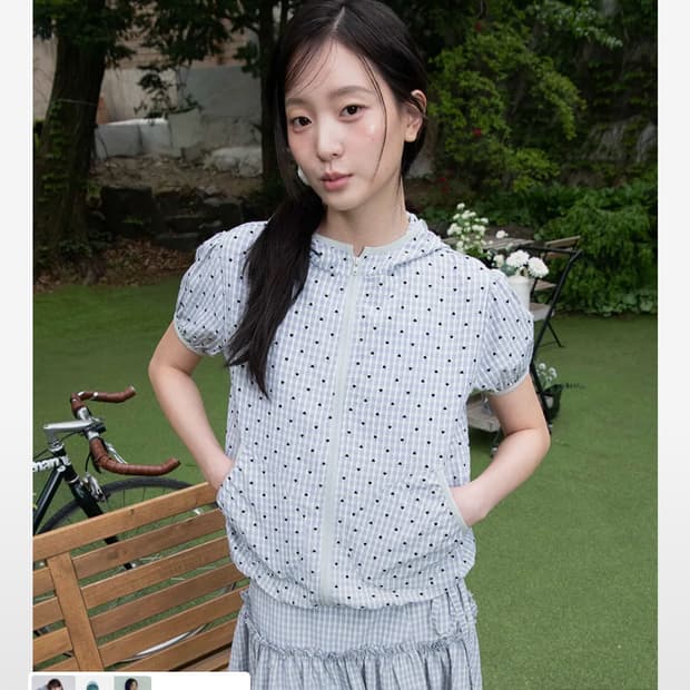 체크 하프 슬리브 후드 집업, 스카이블루