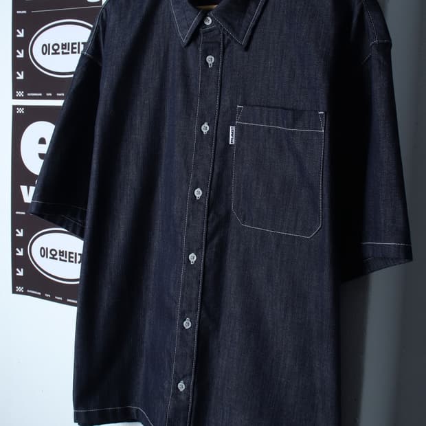 (L-2XL) 플랙 반팔 카라 티셔츠 셔츠 남방 데님 청-H35604