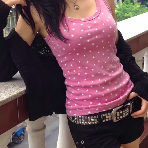 Y2k 갸루 핀터 깔 핑크 별 패턴 슬리브리스
