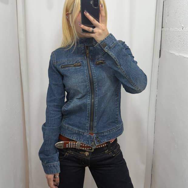 armor jeans 하이넥 똑딱이 데님 자켓