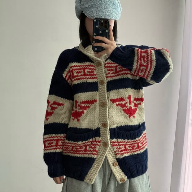 빈티지 노르딕 울 코위찬 가디건