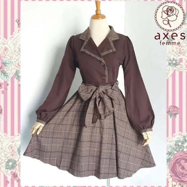axes femme 엑시즈팜 브라운 체크 원피스 코트 드레스 