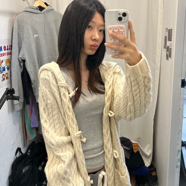 케이블 후드 니트 가디건 롱기장