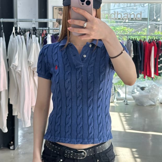 폴로 큐알텍 포니 피그먼트워시드 꽈배기 Pk반팔니트 블루