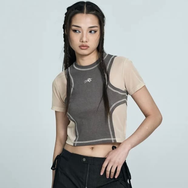 셋업이엑스이 setupexe 엣지 메쉬 크롭탑 반팔티 브라운