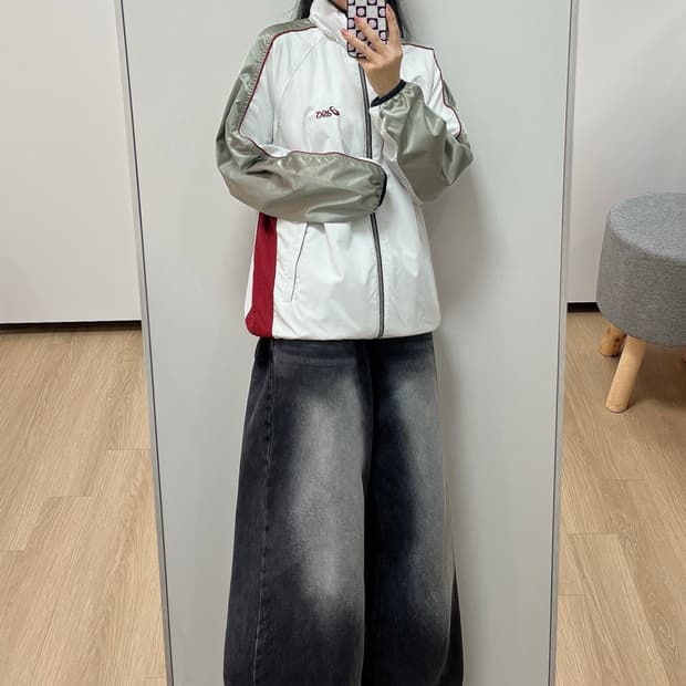 아식스 올드스쿨 버건디 자수로고 바람막이 자켓