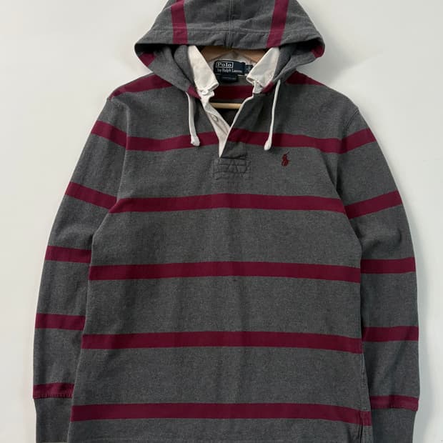 Polo 폴로 랄프로렌 차콜버건디 단가라패턴 럭비 후드 셔츠