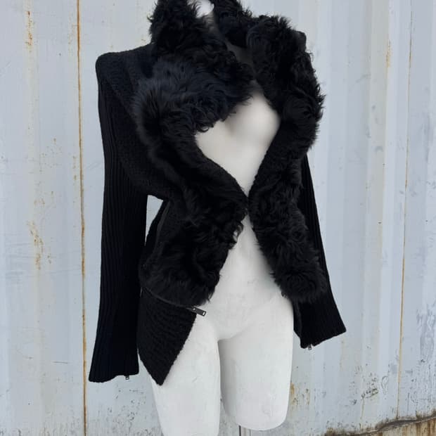 Black Fur Trim Knit Jacket