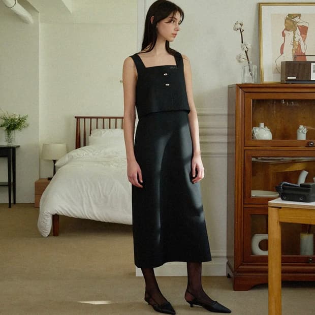 어다울 페블 실버 버튼 스퀘어 베스트 원피스 세트