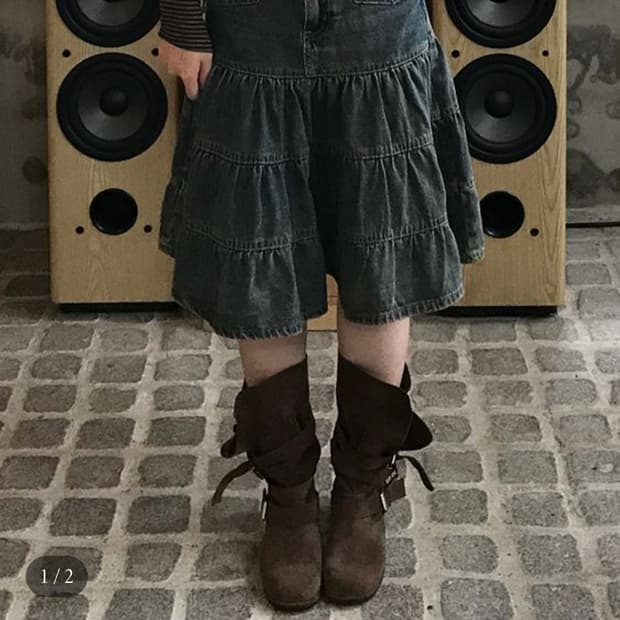 시즐 시어 데님 캉캉 미디 스커트 s