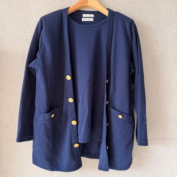 네이비 앙상블 긴팔 티셔츠 가디건 세트 셋업 새상품