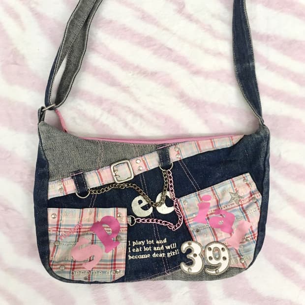 헤이세이 데님 체크 레터링 숄더백 핀터레스트 갸루 키치