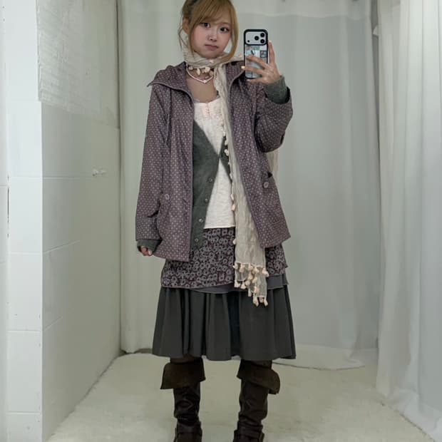 뮤트핑크 멀멀 카키 하구미 모리걸 도트 바람막이 코디세트