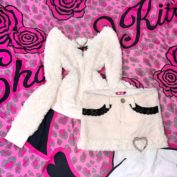 MA*RS마즈 화이트 퍼 큐빅 하트 참 레이스 스커트 히메 오네갸루 대장