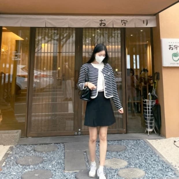 론론 트위드 스트라이프 가디건 아이보리