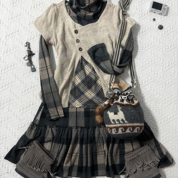 셔링 넥 체크 패턴 레이어드 니트 원피스 2pcs SET