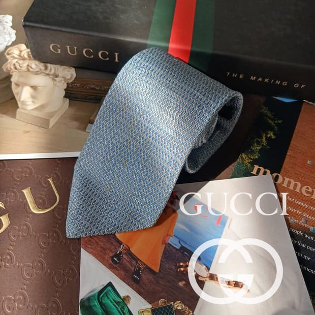 GUCCI 구찌 실크 하늘색 패턴 넥타이 8.5cm B등급 E714