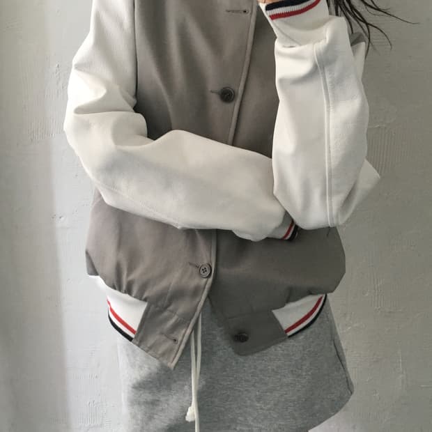 Thom Browne 톰브라운 그레이 레더 바시티 자켓