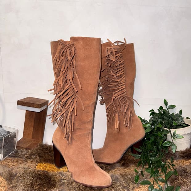 Camel western suede fringe boots
