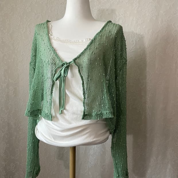 연두 시스루 니트 가디건 (리본 / 크롭 / 레이어드)