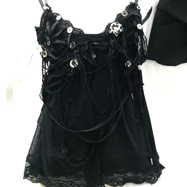 Custom🐾)Black lace slip mix strap top