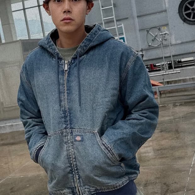 디키즈 릴렉스드 데님 후드집업 카키 틴티드 블루